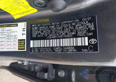 2021 Toyota Prius Le from USA, damaged, VIN JTDKAMFU1M3142837